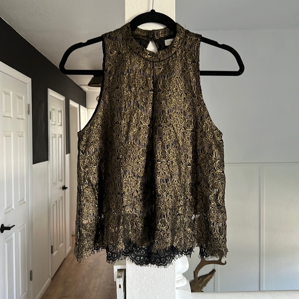 Love, fire black and gold shimmery lace high neck blouse sleeveless size med